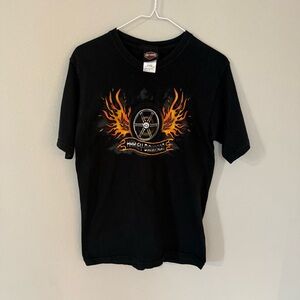 Harley Davidson 2002 Heritage Cycles Black Tee Ft. Walton Adult Small Fire Wheel
